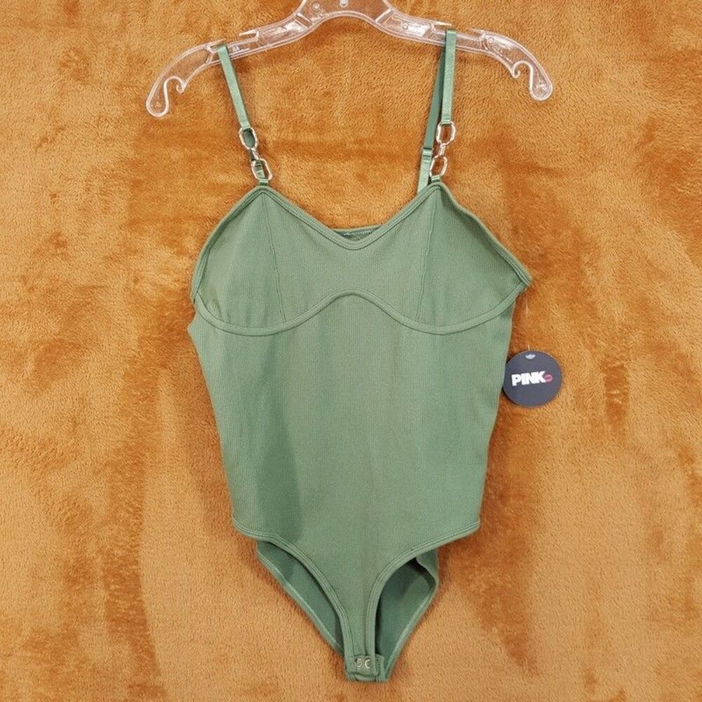 PINK DOT Womens Top XL Green Ribbed Bodysuit Adjustable Strap Scoop Back
